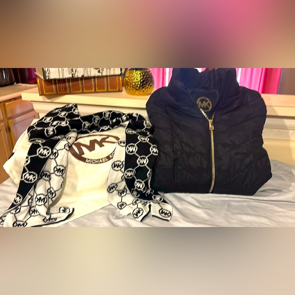 Michael Kors size medium camo print jacket with monogram scarf